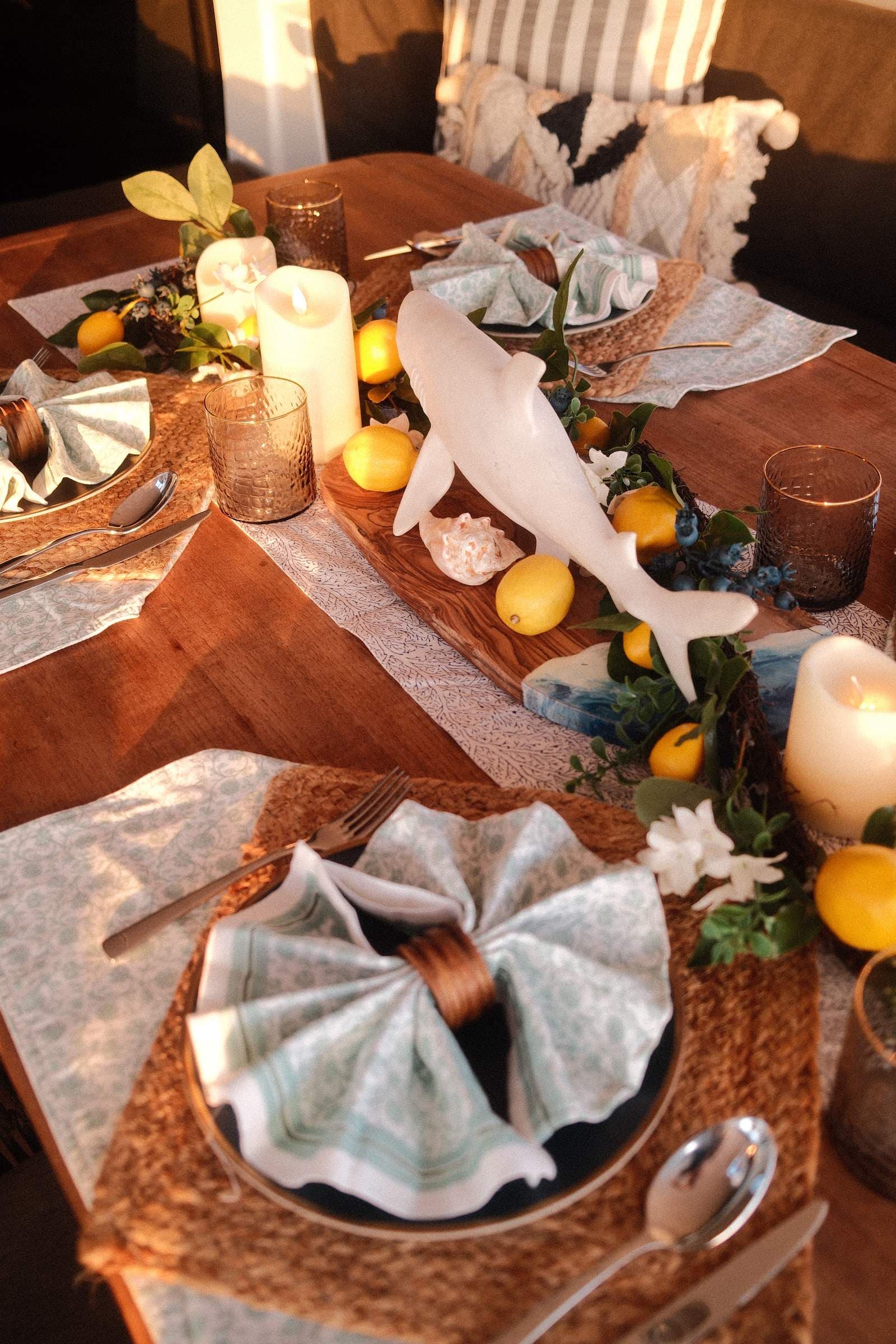 Tablescape with shark centerpiece — detail