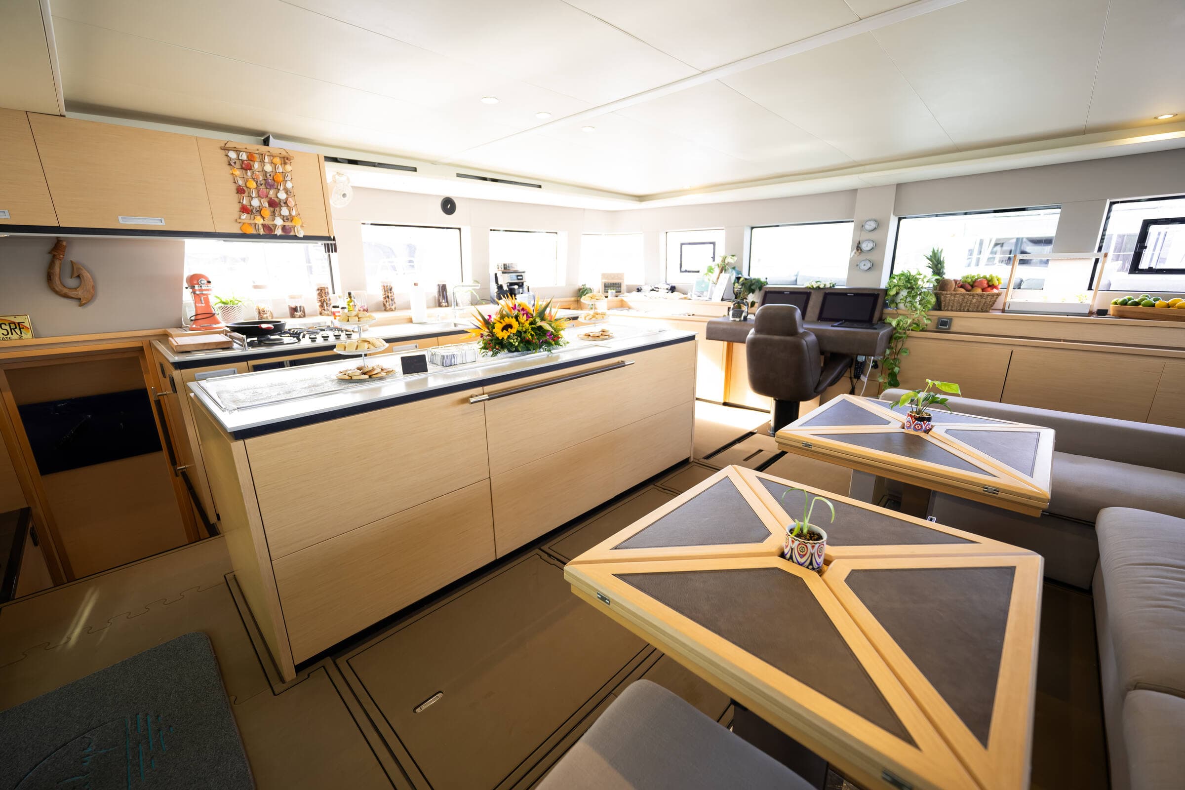 PurelyBlu salon and galley — staged for arrival