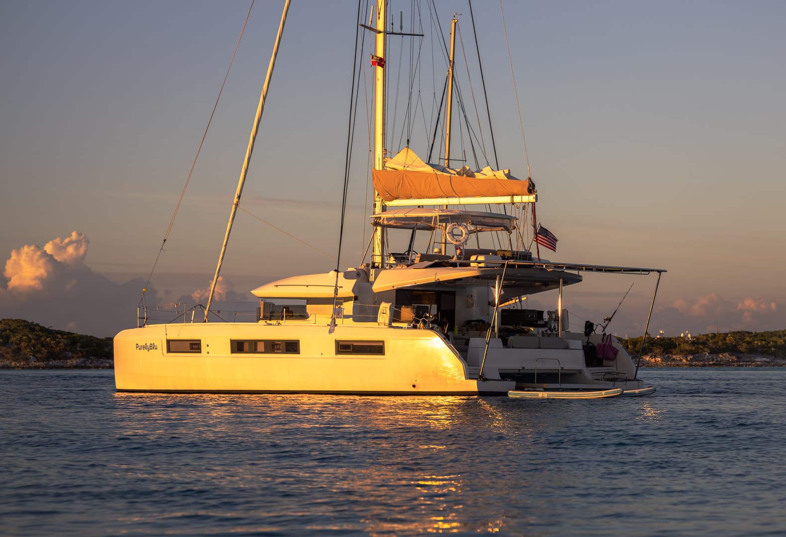 PurelyBlu at anchor in the Exumas at golden hour